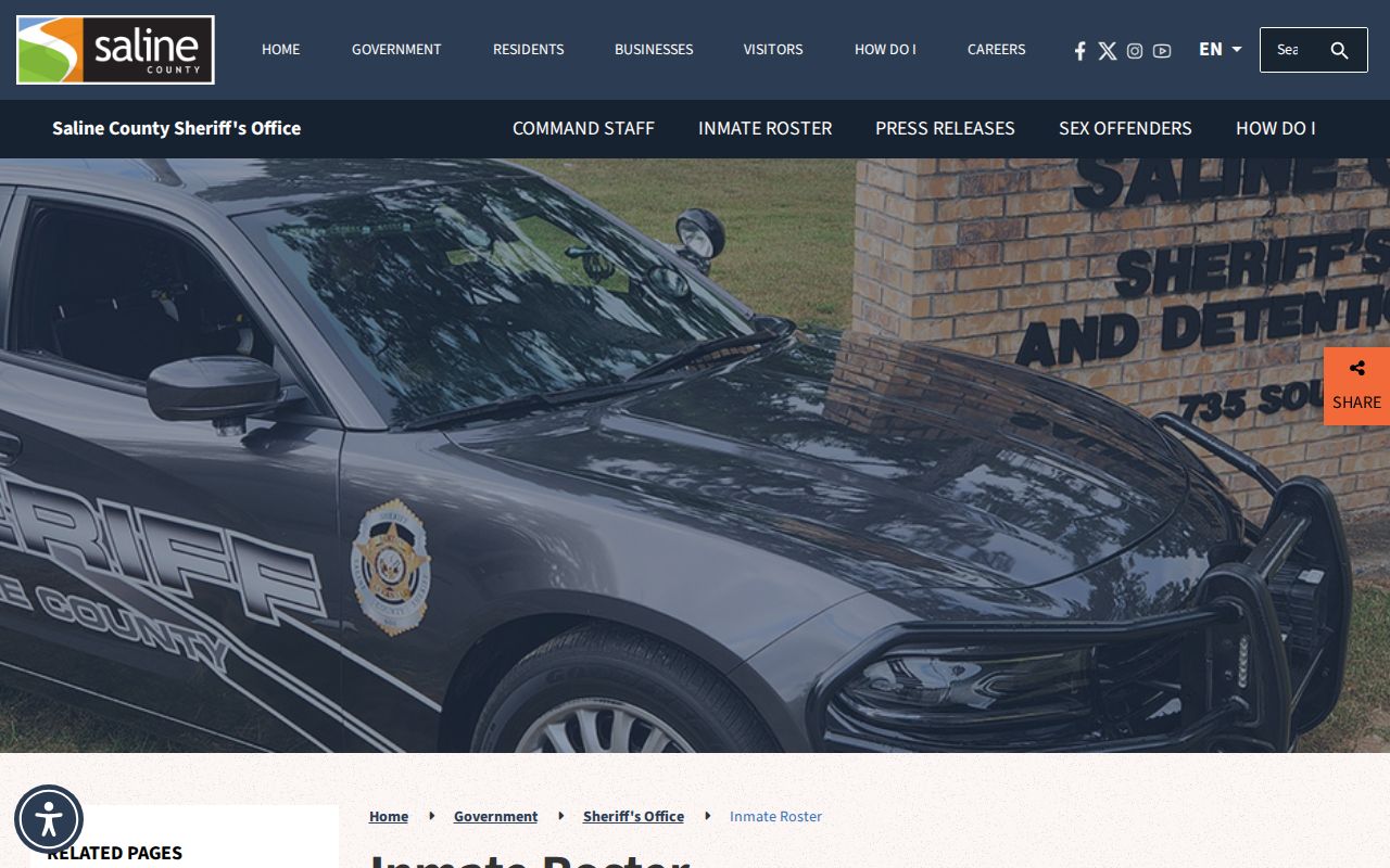 Saline County warrant search warning on the Sheriff inmate roster page