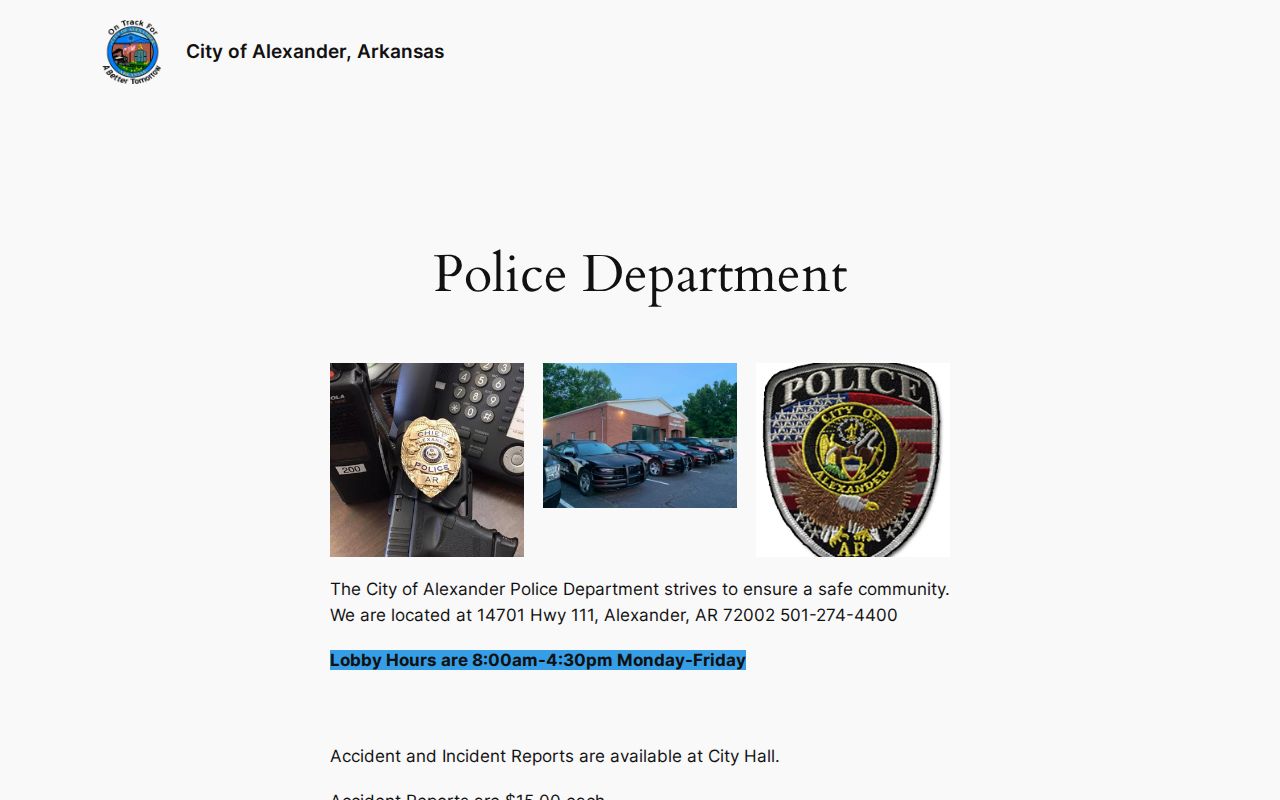 Official Alexander Police Department webpage with city police contact information
