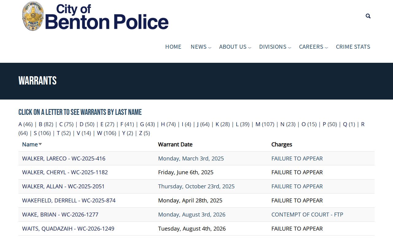 Benton Police warrant interface shown as a city-specific system that does not cover Alexander