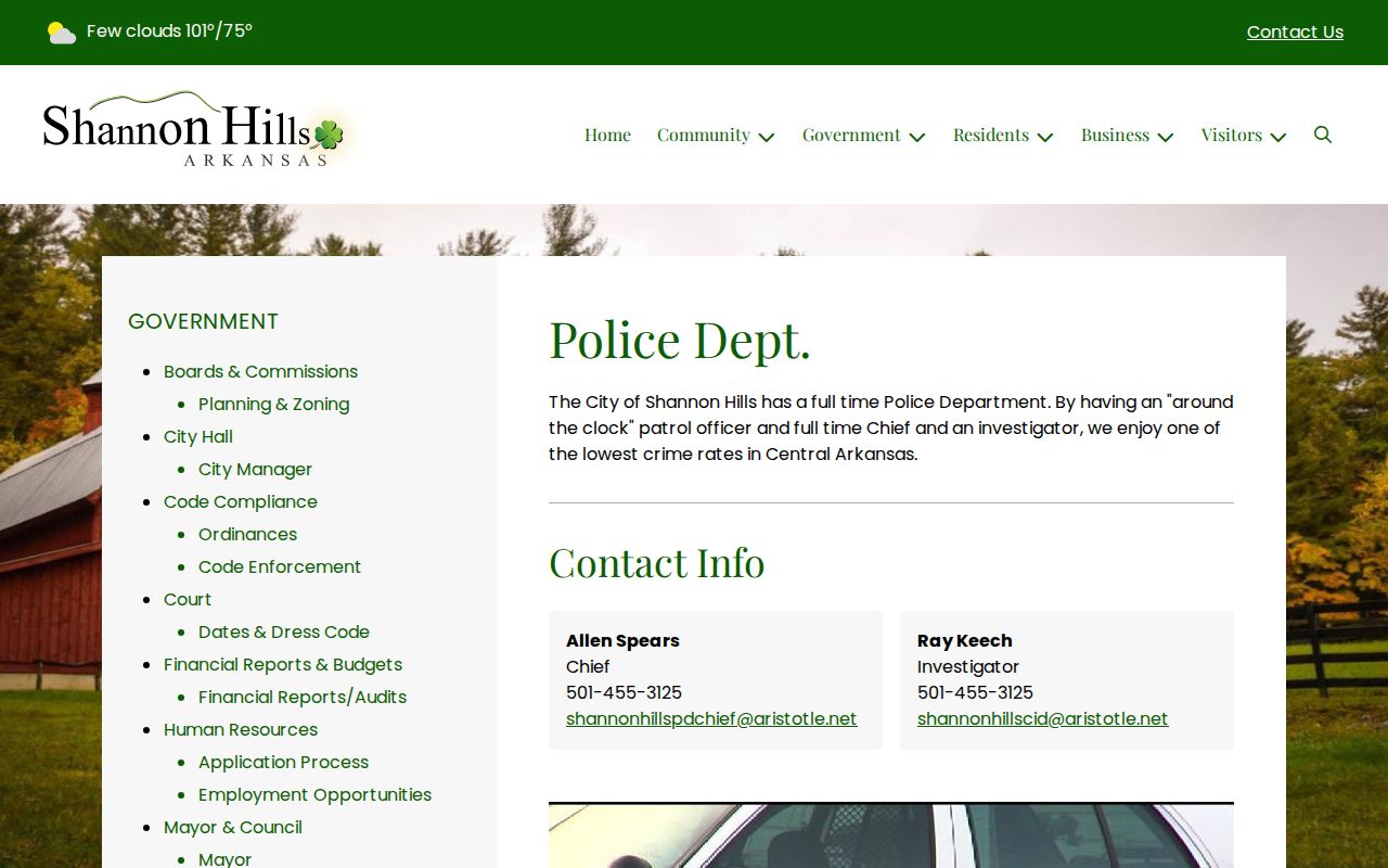 Official Shannon Hills Police page for local warrant records contacts